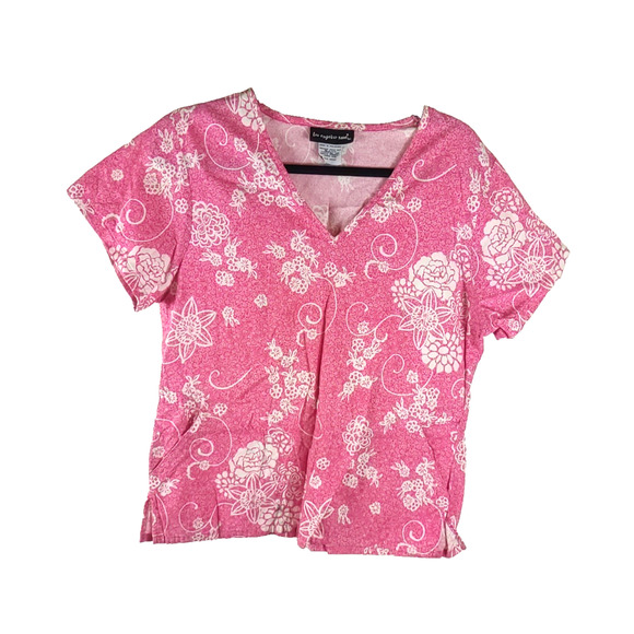 Los Angeles Rose Women's Scrub Top Pink Floral Size Large 100% Cotton Medical - Picture 6 of 7